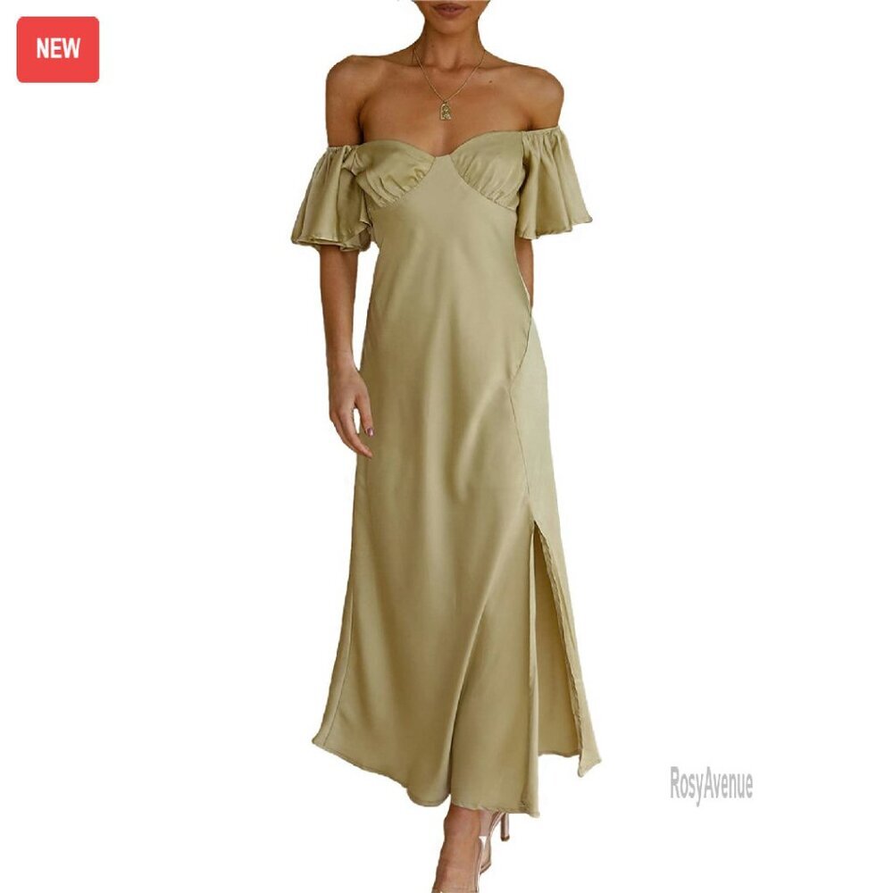 Satin Off Shoulder Midi Dress Butterfly Sleeve Formal Wedding Guest